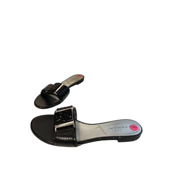 Tahari Black Buckle Flat Slide Slip Sandals 9 - Picture 3 of 11